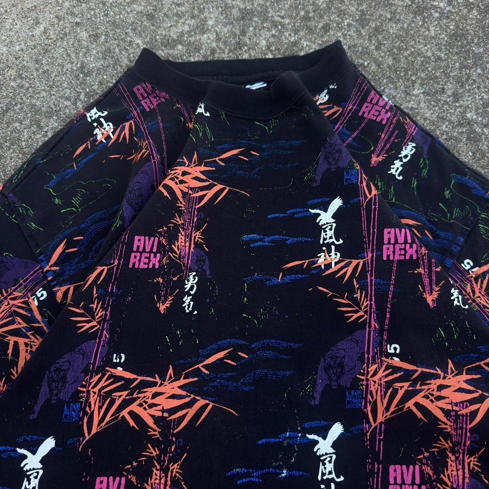 Vintage Y2K Avirex All Over Print Japanese Script T Shirt Black XL (g5b)